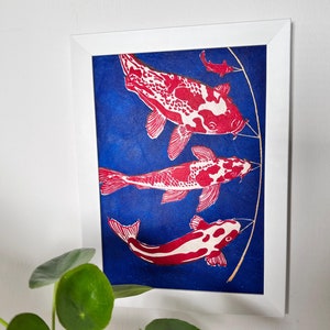 Stampa linoleografica giapponese Koinobori raffigurante un pesce vento DIN A4 | linoleografia dettagliata | idea regalo speciale | Carta Lokta | Spedizione gratuita