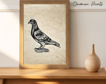 Linoldruck Taube Pigeon | minimalistischer Linolschnitt | handgemachter vintage Print |  moderne Wanddeko DIN A4 auf Himalaya Papier