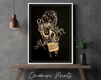 Linoldruck Octopus Krake schwarz & gold moderne Wandgestaltung Wandbild