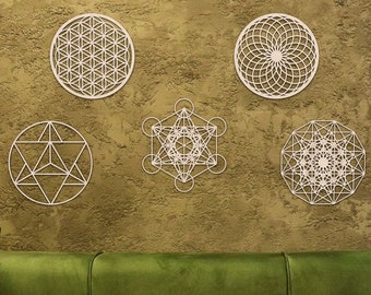 SACRED GEOMETRY Wall Art, Set of 5, Flower of Life, Torus, Merkaba, Metatron's Cube, Hypercube Tesseract, Laser Cut Wood Art Wall Decor