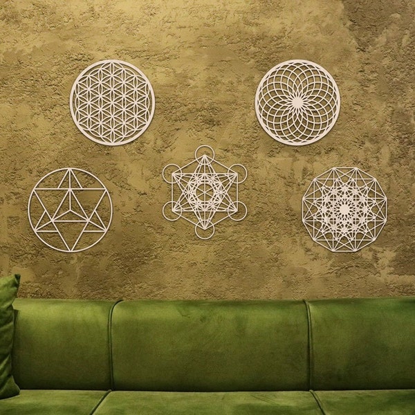 GEOMETRÍA SAGRADA Arte de pared, Conjunto de 5, Flor de la vida, Toro, Merkaba, Cubo de Metatrón, Teseracto hipercubo, Madera cortada con láser, Regalo espiritual