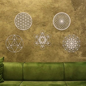 SACRED GEOMETRY Wall Art, Set of 5, Flower of Life, Torus, Merkaba, Metatron's Cube, Hypercube Tesseract, Laser Cut Wood, Spiritual Gift