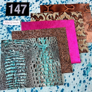 May include: Assortment of leather pieces in various colors and textures. Includes a vibrant pink, embossed brown, and turquoise crocodile-patterned leather. The text "147" is displayed on a black rectangle, and "10x12 Inch" is also visible.