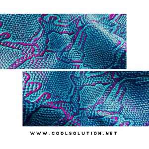 May include: Close-up of a textured material with a teal and magenta snakeskin pattern. The pattern is detailed with raised scales and magenta outlines. The website address www.coolsolution.net is at the bottom.