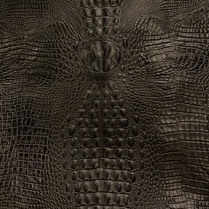 May include: Close-up of a dark brown, textured surface resembling crocodile or alligator skin. The pattern features a repeating scale design with a prominent central eye-like feature. The overall effect is a detailed, realistic representation of reptile hide.