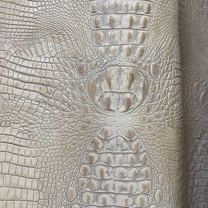 May include: Beige crocodile embossed leather with a textured pattern. The leather has a subtle sheen and a slightly raised texture.