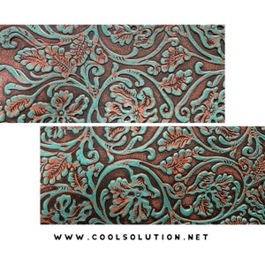 May include: Teal and copper embossed leather with a floral pattern. The leather has a distressed look and is perfect for crafting projects.