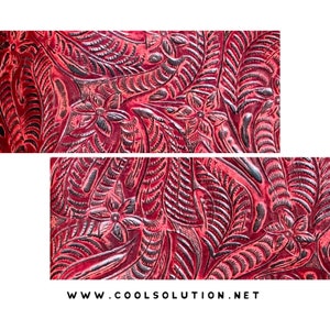 May include: Red leather with an embossed floral pattern. The pattern features leaves and flowers.