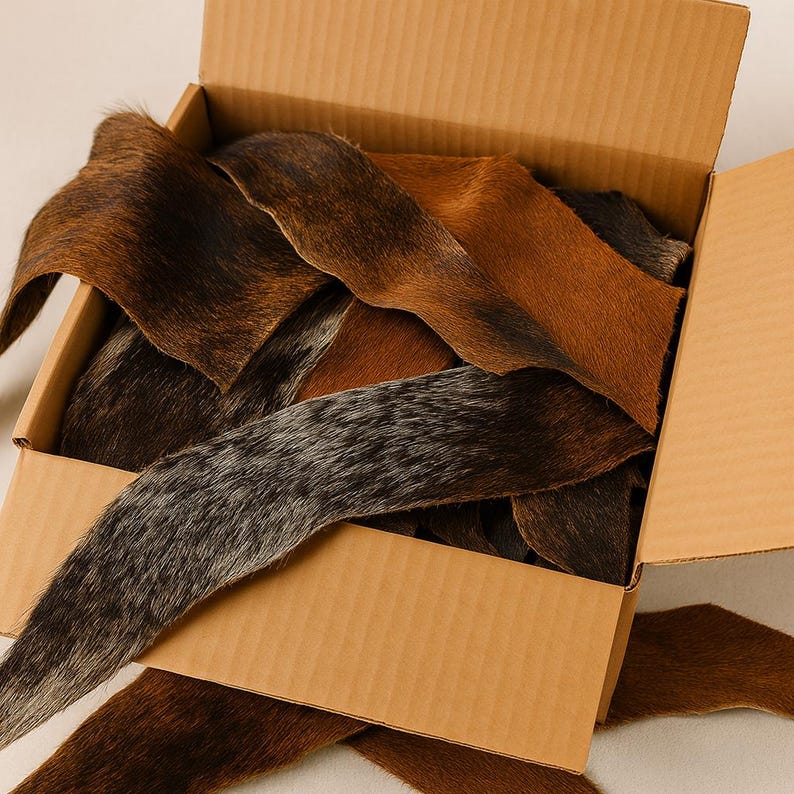 May include: A cardboard box filled with various pieces of cowhide leather. The leather pieces display a range of colors, including brown, black, and gray, with natural hair patterns. The box is open, revealing the contents.