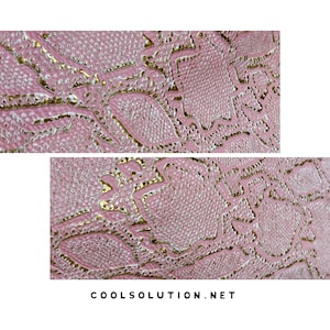 May include: A textured material featuring a repeating pattern of pink scales with metallic gold outlines. The surface has a raised, embossed quality with a consistent snake-like design. The text COOLSOLUTION.NET is printed in black at the bottom.