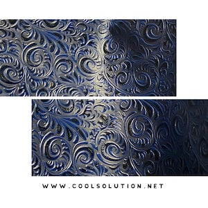 May include: A blue and silver embossed fabric with a swirling floral pattern. The fabric has a metallic sheen and a textured surface.