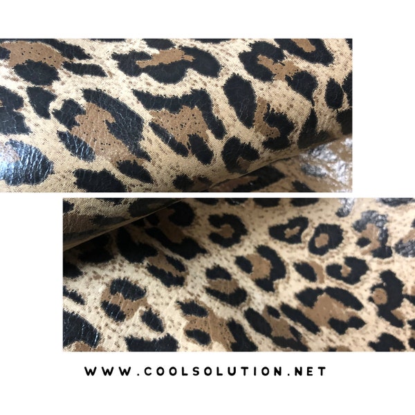 Leopard Beige Printed Shiny Leather - Cut To Size Available - Cowhide Leather for Bags, Earrings, Wallets - Leather Printed, Animal Print