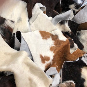 May include: A pile of cowhide scraps in various colors, including white, brown, and black. The hides are cut into different shapes and sizes, and some have a natural pattern.
