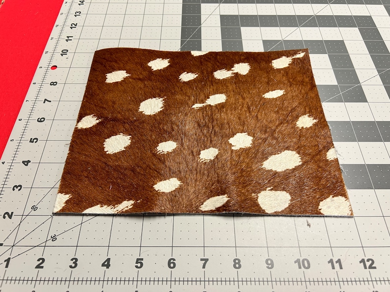 May include: A rectangular piece of brown cowhide with a pattern of white spots. The hide is on a gray and white grid surface, with a red edge visible in the upper left corner. The hide is approximately 25 cm by 30 cm.
