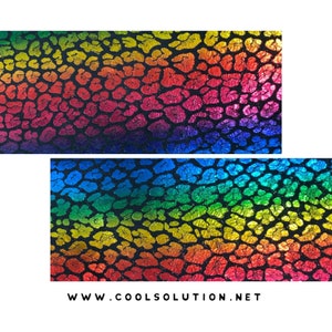May include: Rainbow iridescent fabric with a leopard print pattern. The fabric has a glittery finish.