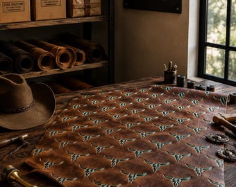 Feuilles en cuir gaufré mini têtes de mort de bovin marron turquoise, coupes personnalisées, cuir de 1,2-1,4 mm / 3-3,5 oz pour sacs, portefeuilles ou tout autre bricolage