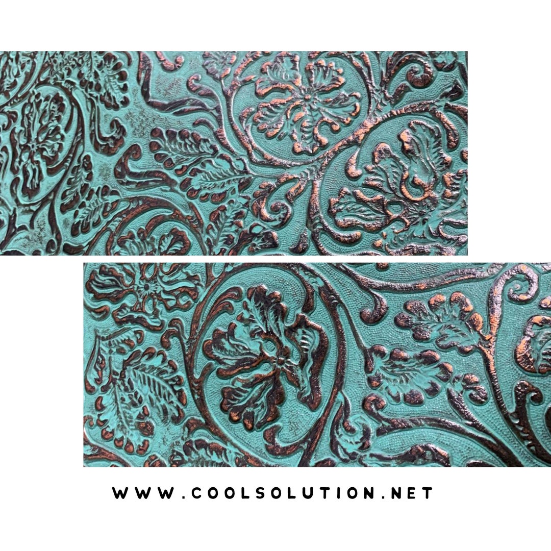 Embossed Leather Sheets With Turquoise Floral Metallic Pattern, DIY