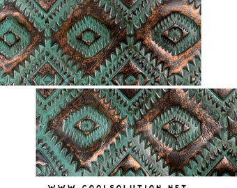 Leather Sheets Embossed Leather Aztec Turquoise Copper, Custom Cuts, Leatherworking, 1.2-1.4 mm / 3-3.5 oz 8x8,10x8,12x12,18x12,30x30