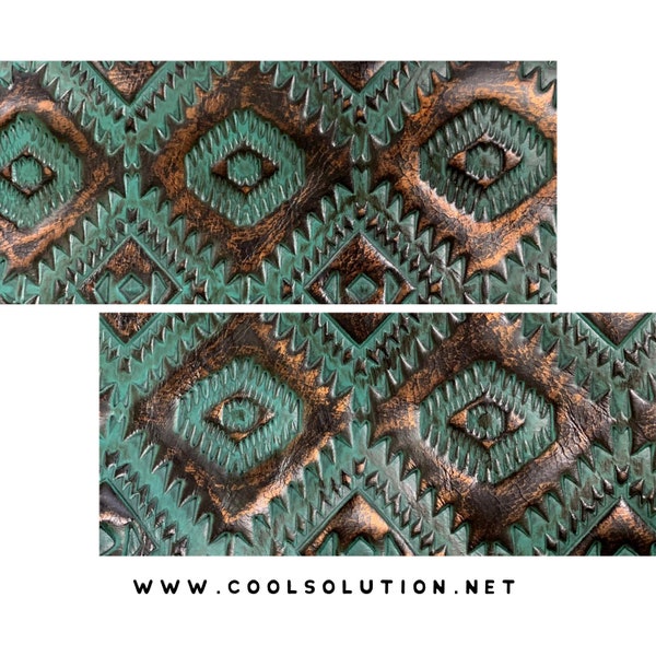 Leather Sheets Embossed Leather Aztec Turquoise Copper, Custom Cuts, Leatherworking, 1.2-1.4 mm / 3-3.5 oz 8x8,10x8,12x12,18x12,30x30