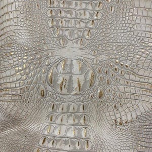 May include: White alligator embossed leather with gold accents. The leather has a textured pattern resembling alligator scales.