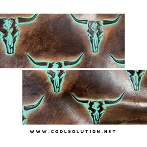 Embossed Leather Sheet Cattle Skulls Brown Turquoise, Custom Cuts, 1.2-1.4 mm / 3-3.5 oz Leather for Bags, Wallets  or any DIY