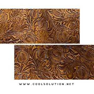 May include: Close-up of two panels of embossed leather with a floral pattern. The leather is a warm brown color with darker brown detailing. The design features leaves and swirling patterns. The website address www.coolsolution.net is at the bottom.
