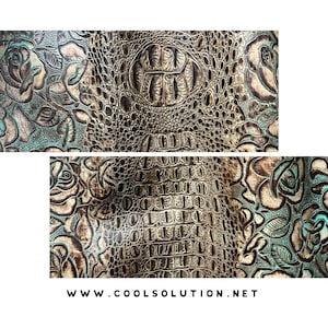 May include: A close-up of a brown and teal embossed leather with a crocodile pattern and floral design. The leather has a textured surface and a subtle sheen. The text "www.coolsolution.net" is visible at the bottom of the image.