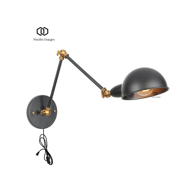 Black Swing Arm Sconce - Articulating Light - Bedside Lighting - Bathroom Lighting - Industrial Sconce - Barn Light - Plug-in or Hardwired