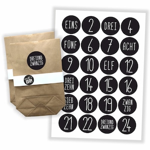 Adventskalender Aufkleber 24 Tüten zum selbst befüllen basteln Kraftpapier Sticker Etiketten Zahlen Nummern schwarz Sticker + 24 Tüten