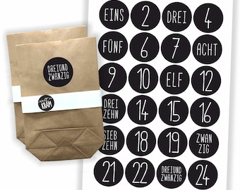 Adventskalender Aufkleber + 24 Tüten | zum selbst befüllen | basteln | Kraftpapier | Sticker | Etiketten | Zahlen | Nummern | schwarz