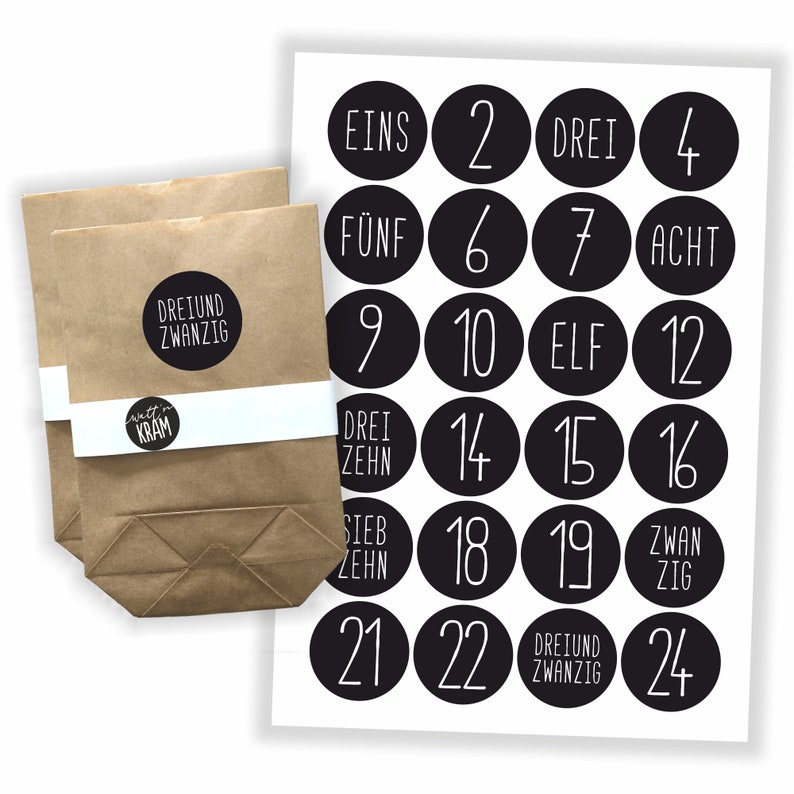 Adventskalender Aufkleber 24 Tüten zum selbst befüllen basteln Kraftpapier Sticker Etiketten Zahlen Nummern schwarz Sticker + 24 Tüten