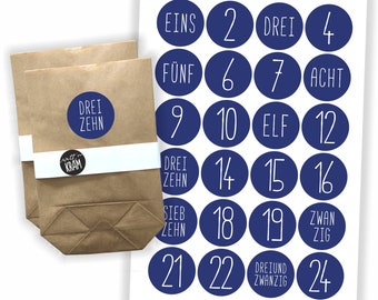 Adventskalender Aufkleber + 24 Tüten | selbst befüllen | basteln | Kraftpapier | Sticker | Etiketten | Zahlen | Nummern | dunkelblau blau