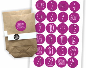 Adventskalender Aufkleber + 24 Tüten | zum selbst befüllen | basteln | Kraftpapier | Sticker | Etiketten | Zahlen | Nummern | pink rosa