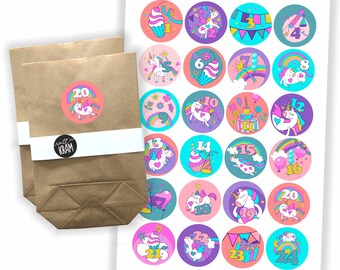 Einhorn Adventskalender Aufkleber + 24 Tüten zum selbst befüllen | Kraftpapier | Sticker | Etiketten | Zahlen | Nummern | basteln