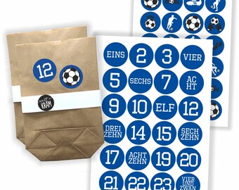 Adventskalender Fußball 48 Aufkleber + 24 Tüten | selbst befüllen | basteln | Sticker | Etiketten | Zahlen | Nummern | blau weiß