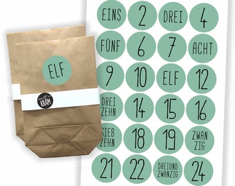 Adventskalender Aufkleber + 24 Tüten | zum selbst befüllen | basteln | Kraftpapier | Sticker | Etiketten | Zahlen | Nummern | mint