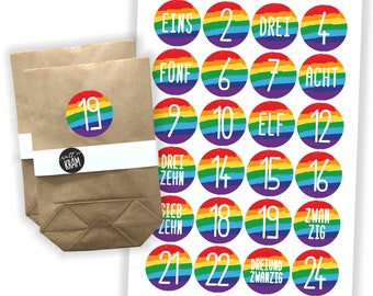 Adventskalender Aufkleber + 24 Papiertüten | zum selbst befüllen | LGBTQ | Queer | Sticker | Etiketten | Zahlen | Nummern | Regenbogenfarben