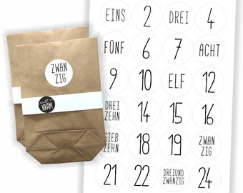 Adventskalender Aufkleber + 24 Tüten | zum selbst befüllen | basteln | Kraftpapier | Sticker | Etiketten | Zahlen | Nummern | weiß