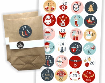 Adventskalender Aufkleber + 24 Tüten | zum selbst befüllen | basteln | Kraftpapier | Sticker | Etiketten | Zahlen | Nummern | Motive bunt