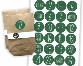 Adventskalender Aufkleber + 24 Tüten | zum selbst befüllen | basteln | Kraftpapier | Sticker | Etiketten | Zahlen | Nummern | dunkelgrün