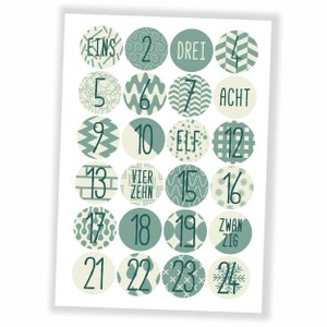 Adventskalender Aufkleber 24 Tüten zum selbst befüllen basteln Kraftpapier Sticker Etiketten Zahlen Nummern grün beige nur Sticker