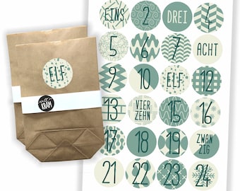 Adventskalender Aufkleber + 24 Tüten | zum selbst befüllen | basteln | Kraftpapier | Sticker | Etiketten | Zahlen | Nummern | grün beige