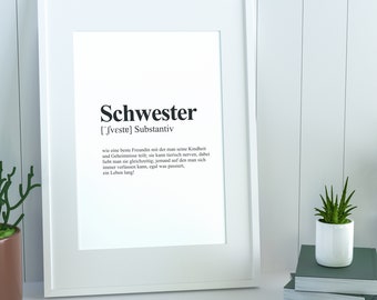 Poster SCHWESTER Definition | Spruch | Geschenk | Geburtstag | Dankeschön | schwarz-weiß | Wörterbuch | Bedanken | Geschenkidee | Schwestern