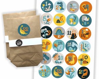 Dinosaur Advent Calendar for Children | Stickers + 24 bags to fill yourself | Kraft paper | Stickers | Labels | Numbers | craft