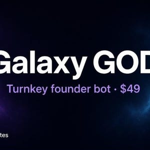 Puede incluir: Un gráfico digital rectangular con un fondo de temática espacial oscura que presenta nubes de nebulosa púrpuras y azules. El texto dice Galaxy GOD, Turnkey founder bot y Cheap Fast Websites. Un icono de cristal geométrico púrpura está en la esquina inferior derecha.