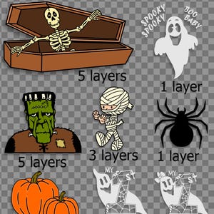 May include: A collection of Halloween-themed graphics. Includes a skeleton in a coffin, a ghost with "Boo Baby" text, a Frankenstein monster, a mummy, a spider, two pumpkins, and two "My 1st Halloween" designs.
