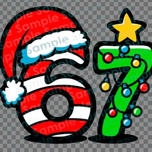 Può includere: Grafica a tema natalizio con i numeri 6 e 7. Il numero 6 è adornato con un cappello da Babbo Natale e strisce rosse e bianche. Il numero 7 è verde e decorato con luci natalizie e una stella gialla.