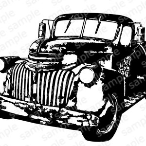 May include: Black and white silhouette of a vintage pickup truck with a weathered, worn look. The truck has a large, prominent grille with vertical bars and a rounded bonnet. The headlights are round and the truck has a large, flat bed.