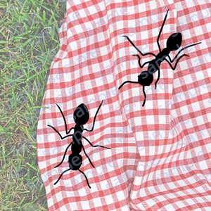 May include: Two black silhouette ants on a red and white checkered picnic blanket.