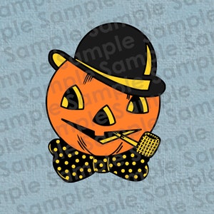 May include: A cartoon pumpkin wearing a black bowler hat with a yellow band, a black bow tie with white polka dots, and a pipe. The pumpkin has a toothy grin and orange skin.